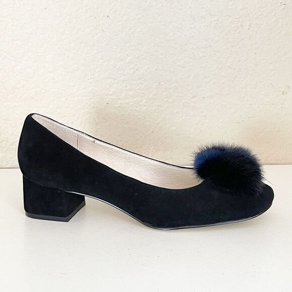 Bettye Muller Black and Blue Fur Accent Heels 8 - Picture 7 of 13